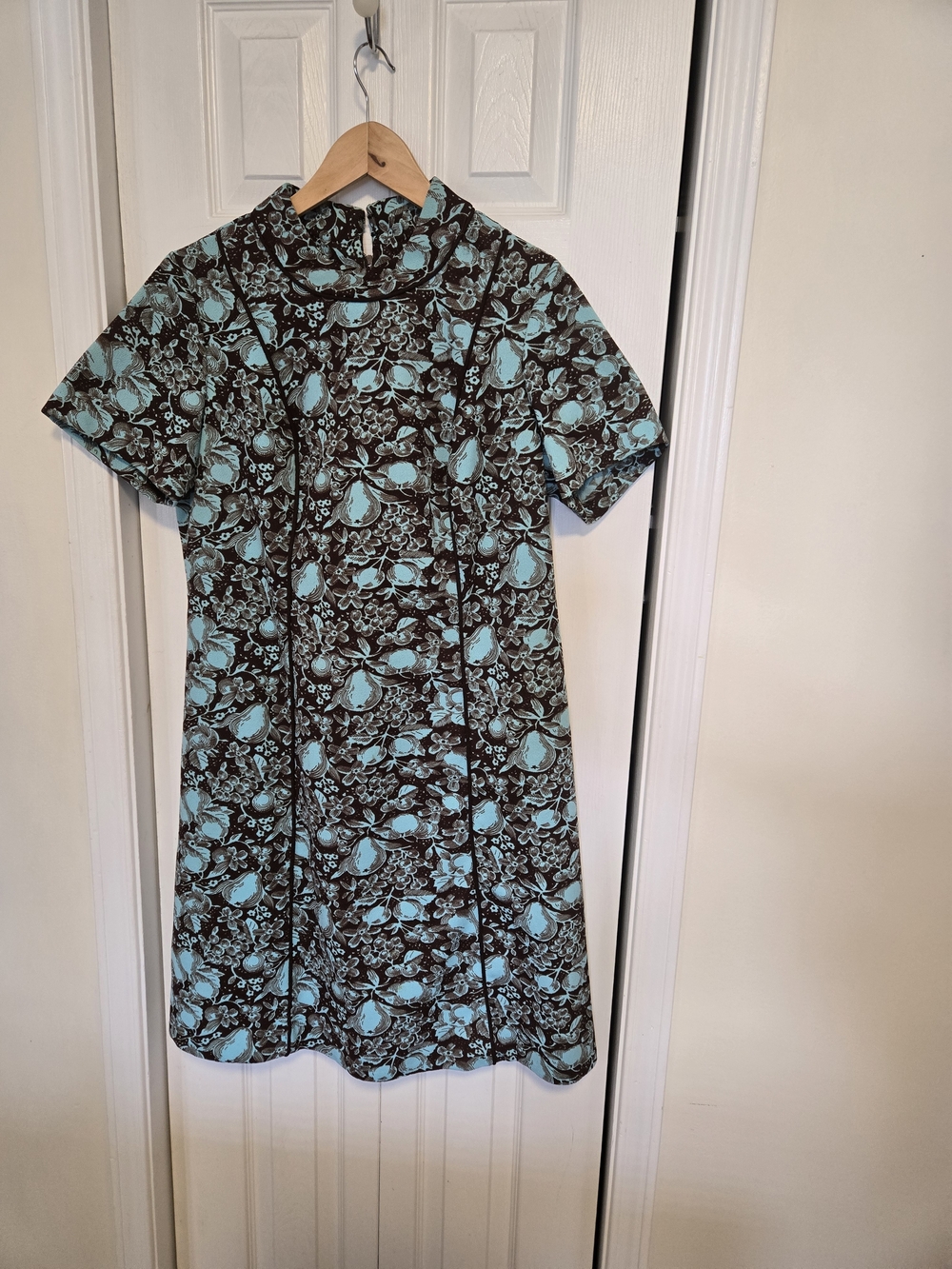 1960s A-line Fruit & Floral Fit & Flare Dress in Blue and Brown